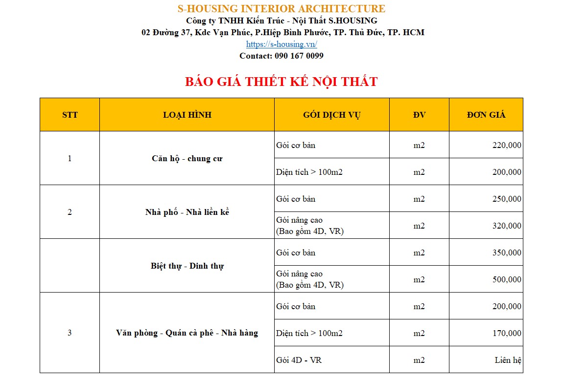 Báo giá thiết kế thi công nội thất