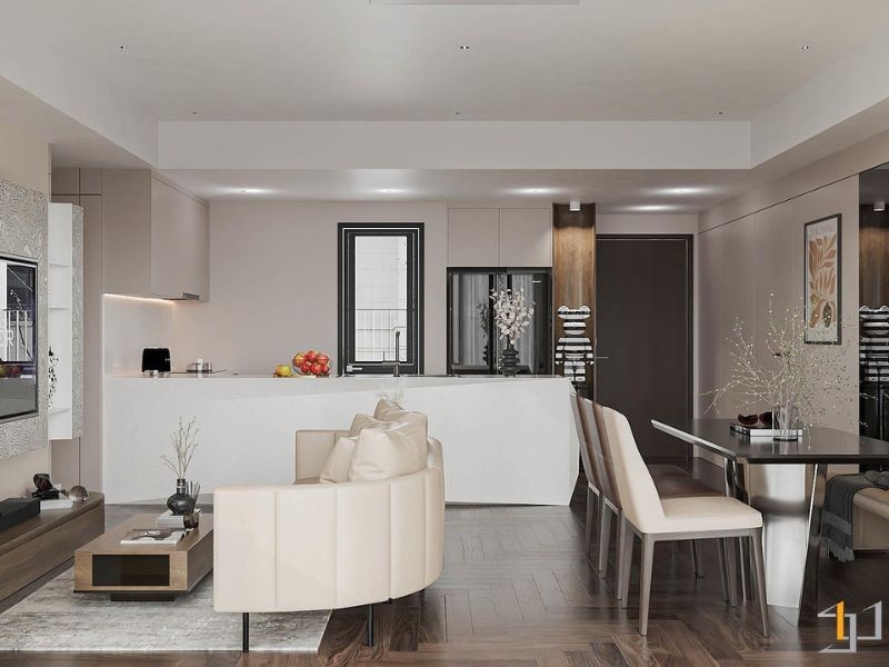 Phòng khách liền bếp bên trong căn hộ Masteri Thảo Điền