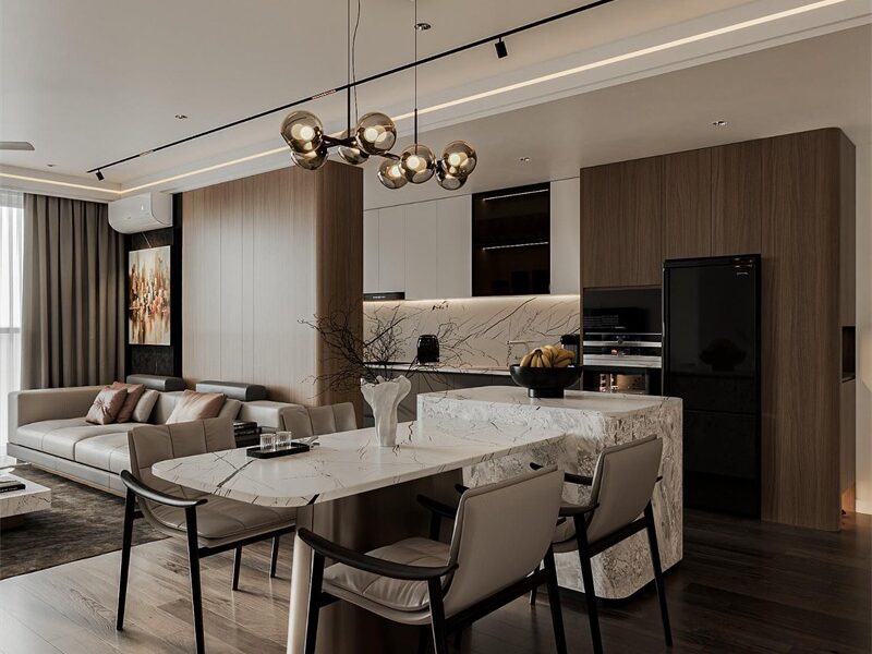 Bàn ăn hiện đại, được tích hợp với bàn đảo tăng tính linh hoạt trong sử dụng