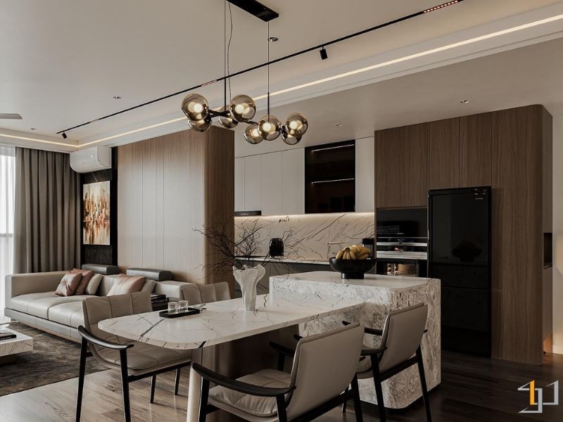 Bàn ăn hiện đại, được tích hợp với bàn đảo tăng tính linh hoạt