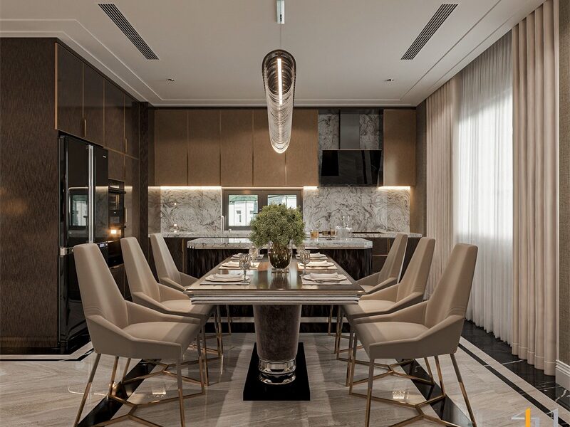 Không gian bếp được thiết kế sang trọng, hiện đại, đầy đủ tiện nghi