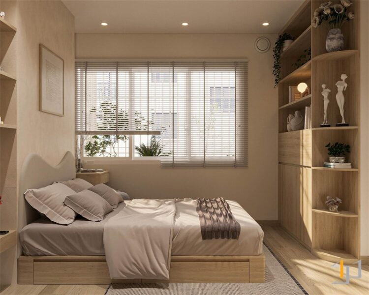 Cửa sổ được lắp rèm để thuận tiện cho việc điều chỉnh độ sáng phòng khi nghỉ ngơi