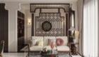 Phòng khách nhà phố nổi bật với các hoa văn truyền thống đặc trưng của Indochine