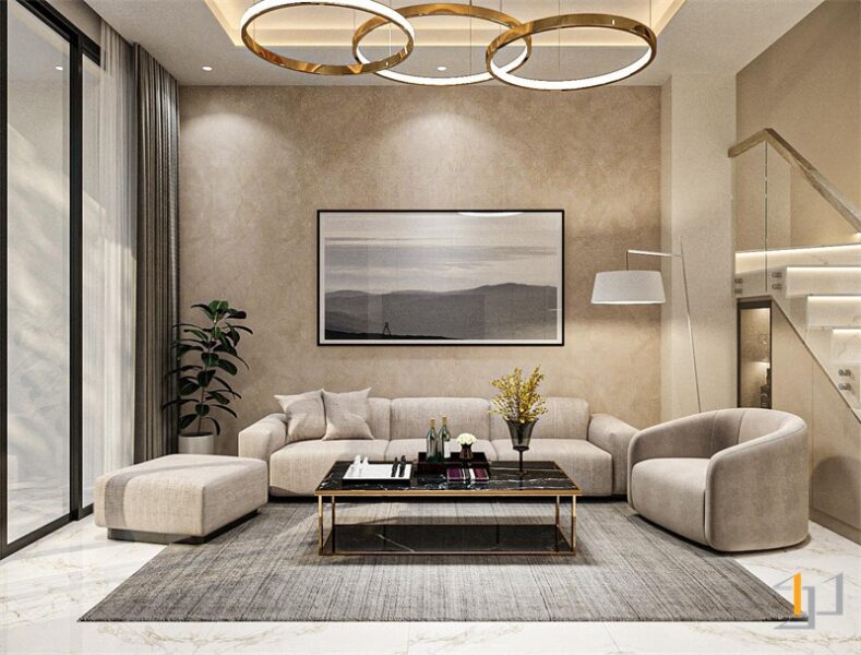Nội thất hiện đại kết hợp cùng tranh treo tường tinh tế và đèn trần độc đáo