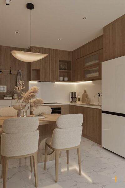 Tủ bếp màu nâu gỗ nổi bật trên lớp nền trắng kem của căn hộ VInhomes Golden River