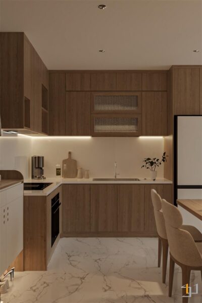 Các thiết bị được bố trí âm tủ tạo ra diện mạo tinh tế và gọn gàng cho căn hộ