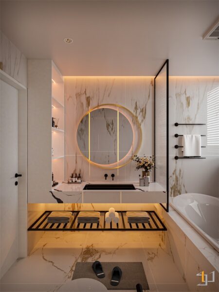 Khu vực lavabo được ốp đá marble tự nhiên kết hợp gương tròn=, bên dưới là kệ khăn gỗ nổi với thanh inox