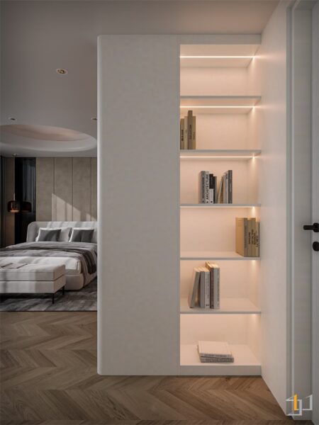 Tủ kệ sách sát trần tạo giải pháp lưu trữ tối ưu trong không gian góc phòng hạn chế