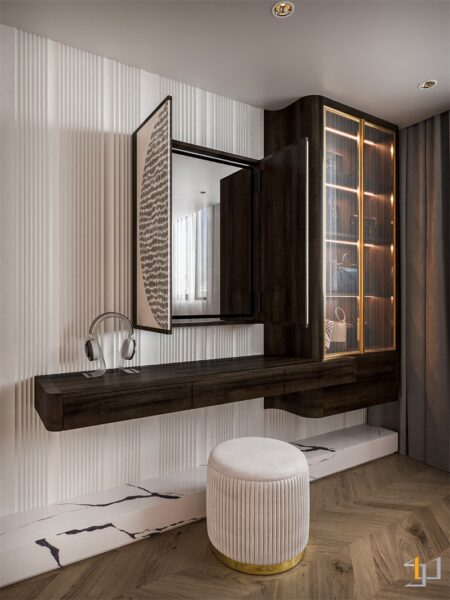 Kệ tivi lơ lửng với mặt đá nhân tạo vân mây và hộc gỗ tích hợp mang đến sự nhẹ nhàng nhưng đầy chắc chắn