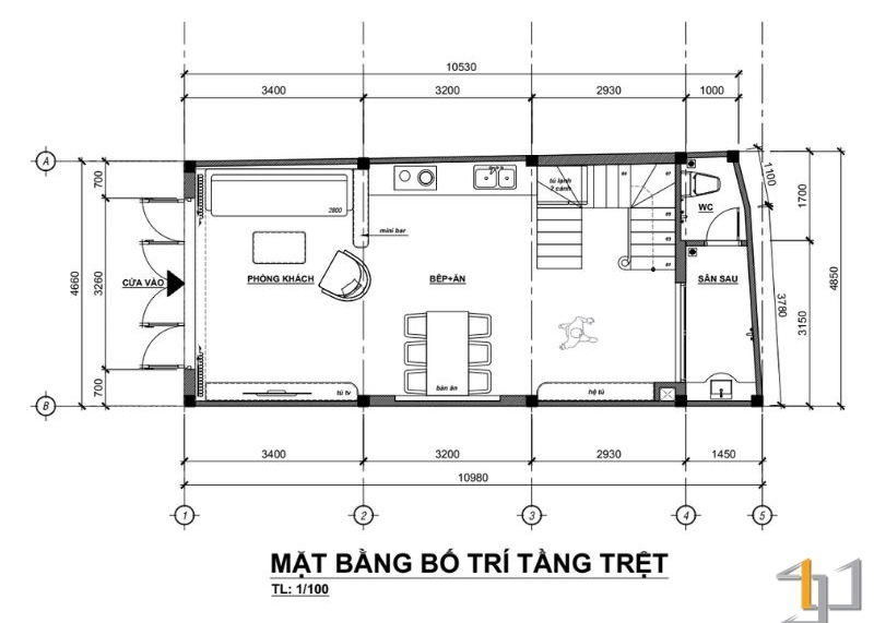 Mặt bằng bố trí nội thất TẦNG TRỆT Nhà Phố Bình Tân 3 Tầng Scandinavian