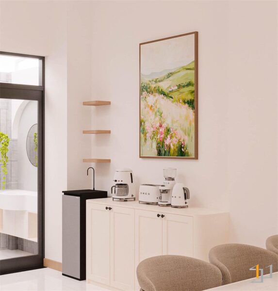 Khu vực pha cà phê với tủ đựng đồ dùng lớn
