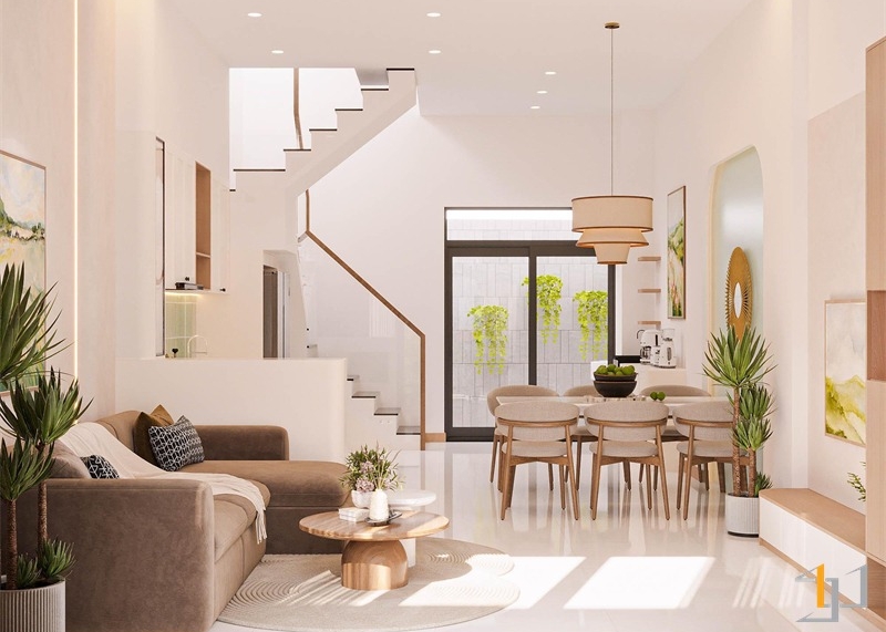 Ánh sáng tự nhiên được dẫn lối qua cửa kính lớn sát sàn