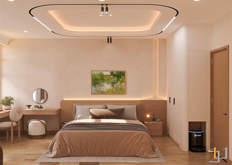 Tông màu chủ đạo là beige và gỗ sáng, giúp phòng ngủ ba mẹ trở nên ấm cúng