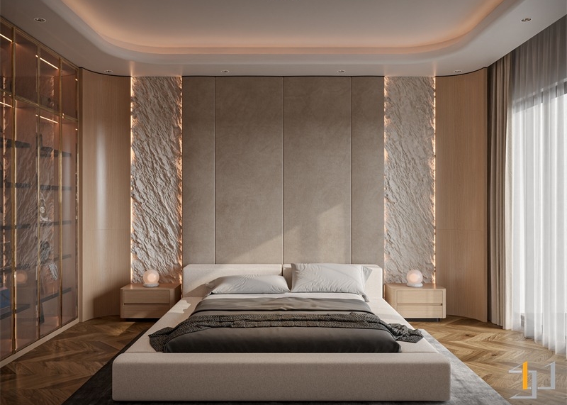 Vách đầu giường kết hợp giữa hiện đại và Wabi Sabi