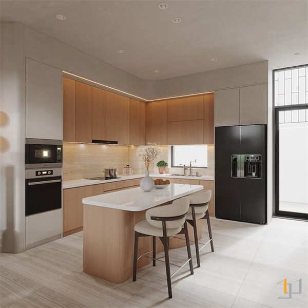 Sự giao hòa giữa hơi ấm của vật liệu vân gỗ và nền tảng bê tông vững chãi