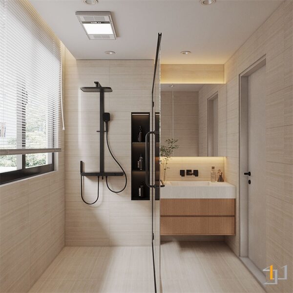 Nhà tắm đơn giản, tối ưu với kệ để đồ âm tường