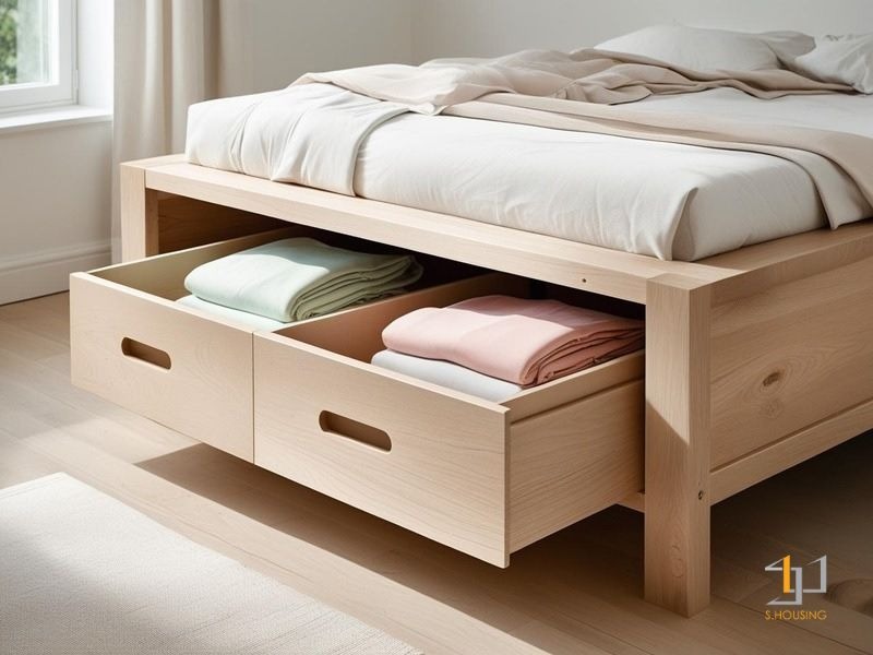Giường tích hợp ngăn lưu trữ bên dưới là món nội thất thông minh được ưa chuộng trong nhiều thiết kế nhà phố diện tích khiêm tốn