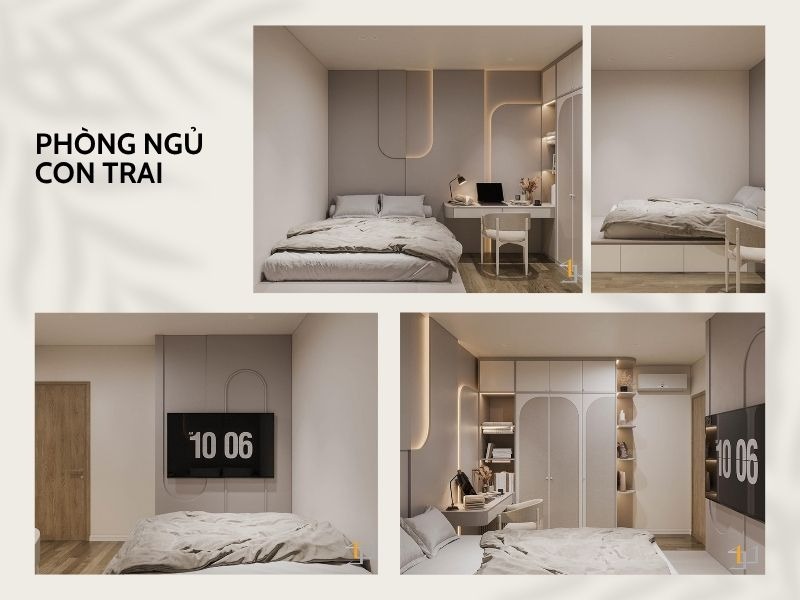 Phòng ngủ con trai được thêm vào nhiều yếu tố hiện đại, tập trung vào công năng