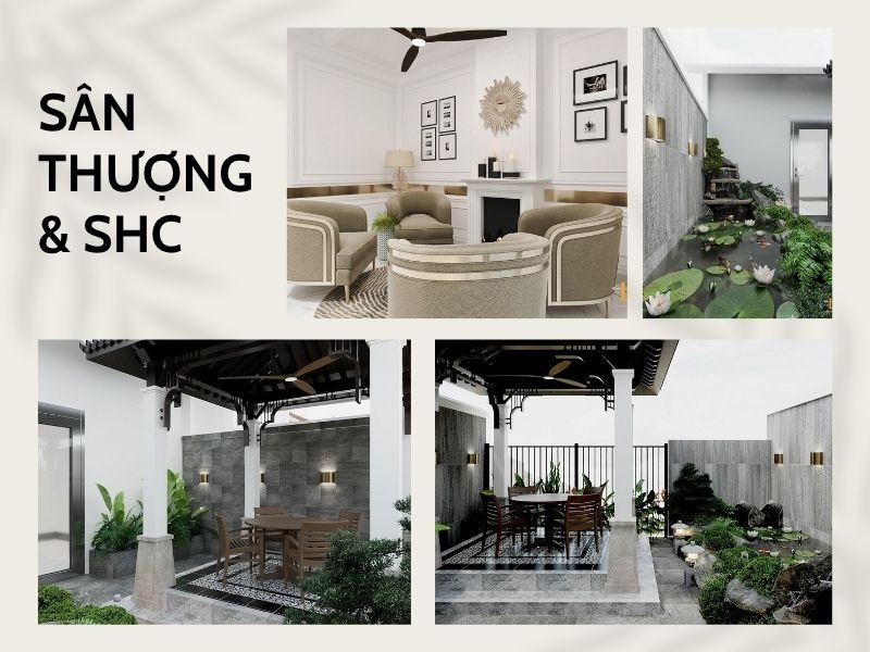 Phòng sinh hoạt chung và khu vực sân thượng có tiểu cảnh hồ cá xanh mát dành cho dịp tụ họp gia đình
