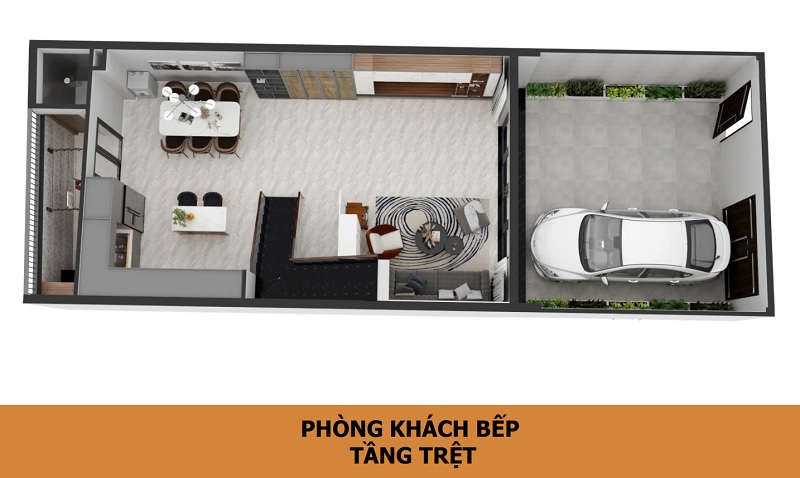 Gợi ý mặt bằng bố trí công năng tầng trệt nhà phố 4x9m 4 tầng
