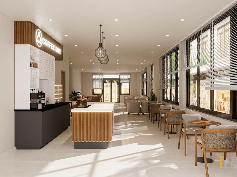 Tầng 1 của nhà phố 5 tầng được dùng để thiết kế quán cafe rộng rãi, không gian thoải mái
