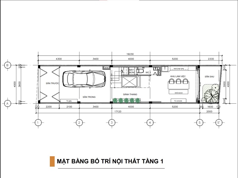 Bản vẽ mặt bằng bố trí nội thất tầng 1 của nhà phố 5 tầng
