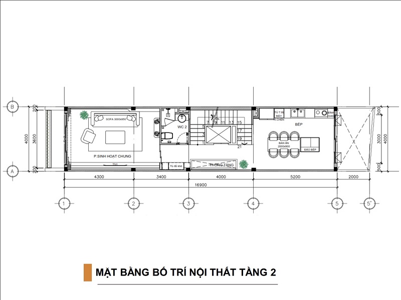 Bản vẽ mặt bằng bố trí nội thất tầng 2 của nhà phố 5 tầng