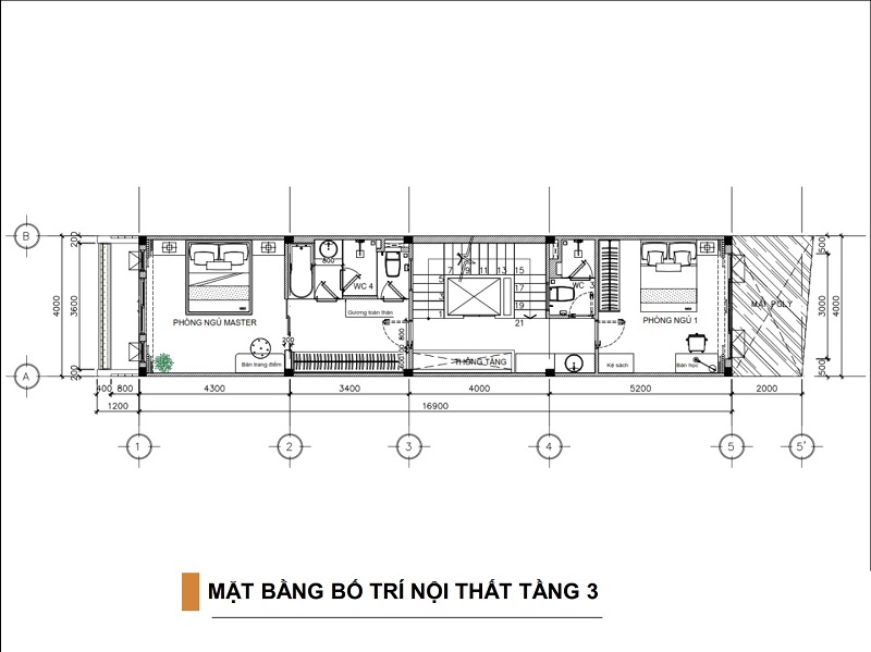 Bản vẽ mặt bằng bố trí nội thất tầng 3 của nhà phố 5 tầng