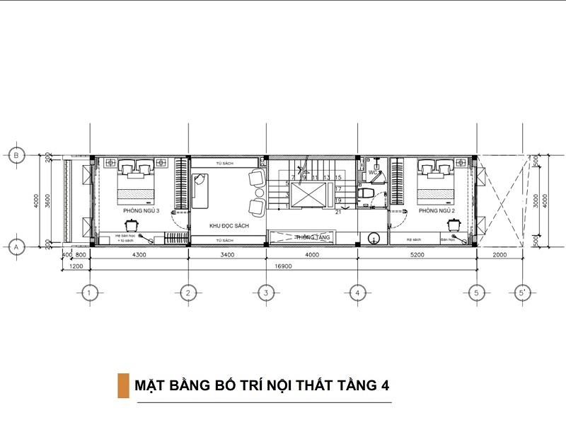 Bản vẽ mặt bằng bố trí nội thất tầng 4 của nhà phố 5 tầng