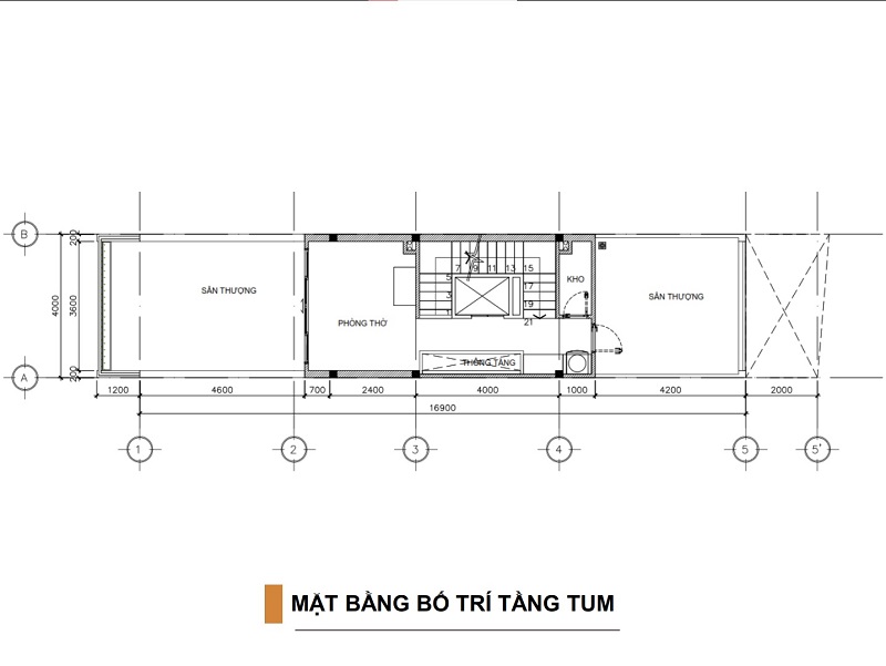 Bản vẽ mặt bằng bố trí nội thất tầng 5 (tầng tum) của nhà phố 5 tầng