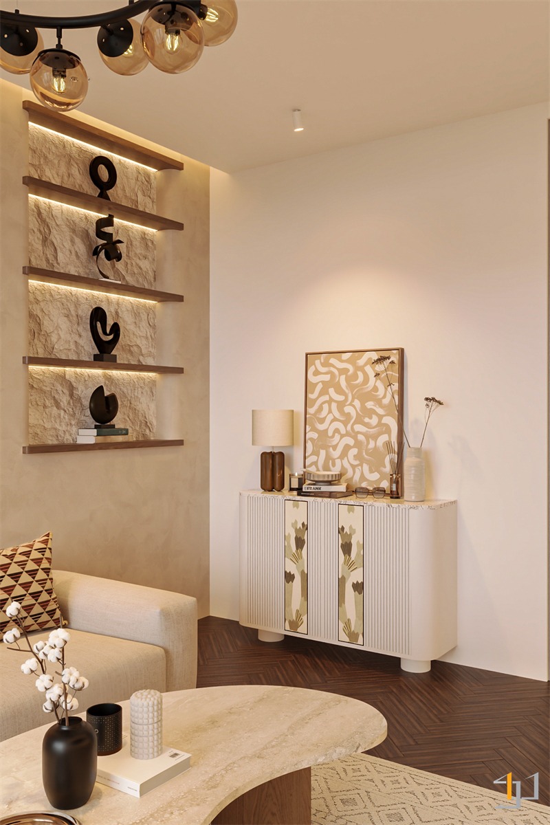 Tủ console đặt trong phòng khách như một điểm nhấn mang đậm dấu ấn cá nhân