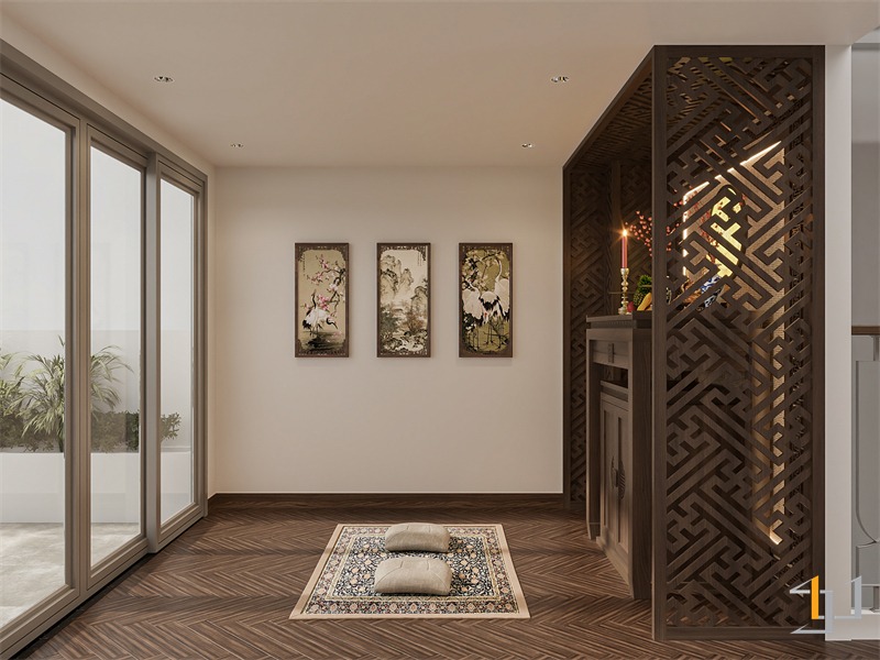 Hướng bàn thờ xoay ra cửa dẫn ra sân thượng thoáng đãng và nhiều ánh sáng, mang lại phong thủy tốt cho ngôi nhà