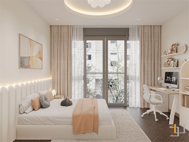 Phòng ngủ 2 dành cho bé gái 12 tuổi của gia đình, được thiết kế nội thất an toàn và đầy đủ tiện nghi, phối màu tươi sáng tạo ra sự thư giãn