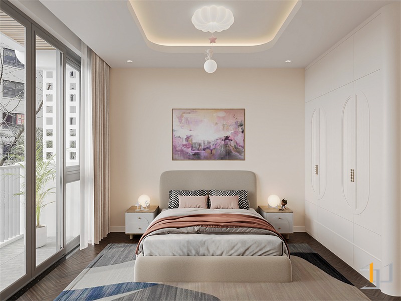 Phòng ngủ 3 đặt ở mặt tiền nhà phố 5 tầng, được phối màu tươi sáng tạo cảm giác thư giãn, có tranh treo tường tạo điểm nhấn nổi bật