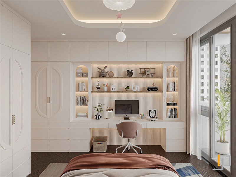 Hệ bàn học + tủ sách thiết kế tích hợp, đặt dọc theo mặt tường giúp tiết kiệm diện tích sàn và tối ưu hóa không gian về chiều cao