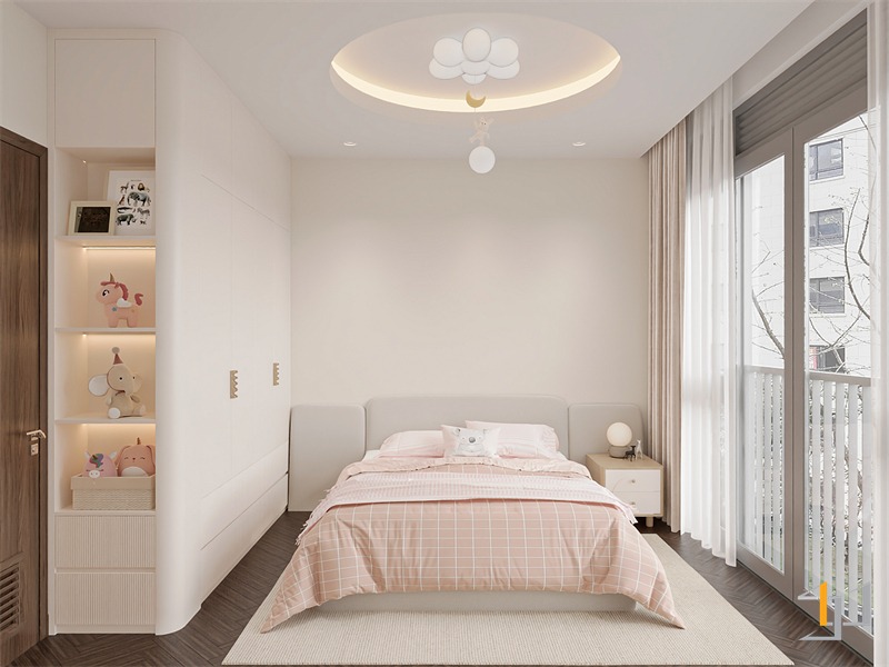 Phòng ngủ bé gái được bố trí giường lớn thoải mái, nội thất bo góc và đầu giường bọc đệm an toàn