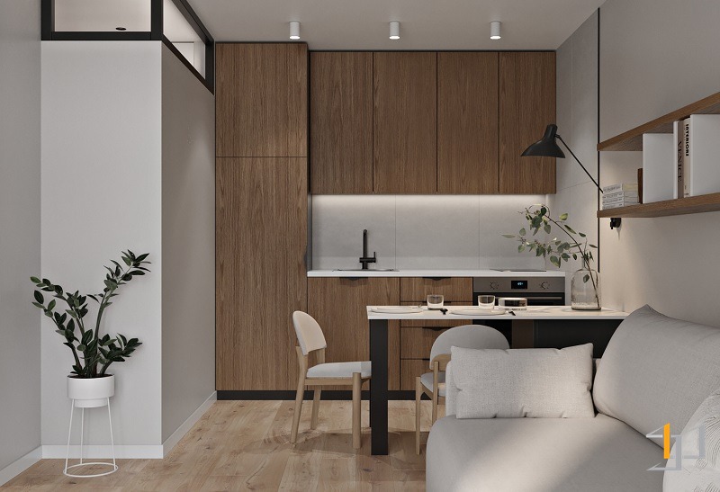 Thiết kế tủ bếp chữ i nhỏ gọn, đủ 1-2 người ăn uống và nấu nướng thoải mái