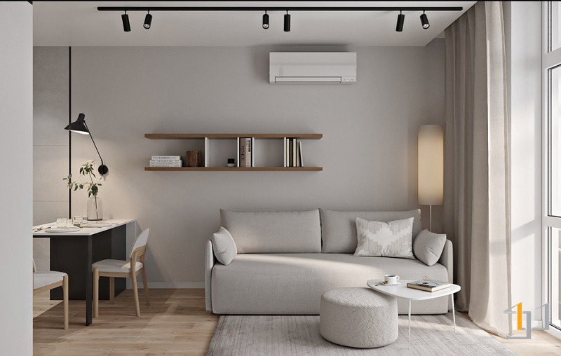 Phòng khách nhà phố 30m2 1 trệt bố trí sofa băng nhỏ gọn và bàn trà đơn giản