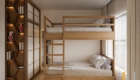 Phòng ngủ của trẻ em được thiết kế với giường tầng và kệ sách hình học độc đáo bằng gỗ