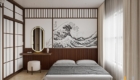 Phòng ngủ tối giản kiểu Nhật với giường bệt, bức tranh tường "Sóng lừng" khổ lớn