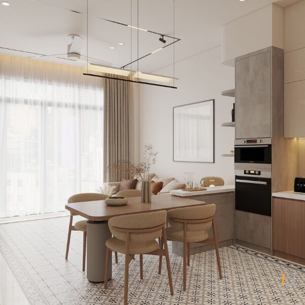 không gian mở liền mạch, kết hợp giữa khu vực bếp, bàn ăn và phòng khách