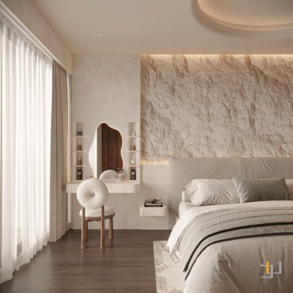 khu vực bàn trang điểm tinh tế và gọn gàng, với gương soi hình lượn sóng độc đáo và chiếc ghế tròn bọc lông xù xinh xắn