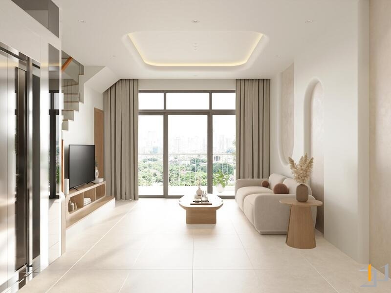 Cửa kính lớn từ trần đến sàn giúp lấy sáng tối đa và mở ra tầm nhìn thoáng đãng ra bên ngoài