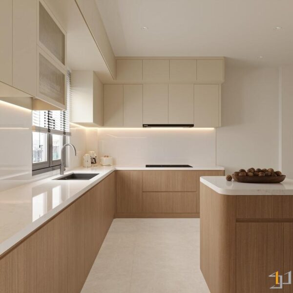 Mặt bàn bếp và backsplash bằng đá trắng tạo cảm giác mở rộng và sang trọng cho không gian