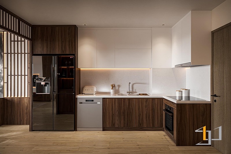 Tủ bếp Melamine - TB118 giả vân gỗ óc chó kết hợp tông trắng kem tạo sự tương phản nổi bật và thời thượng