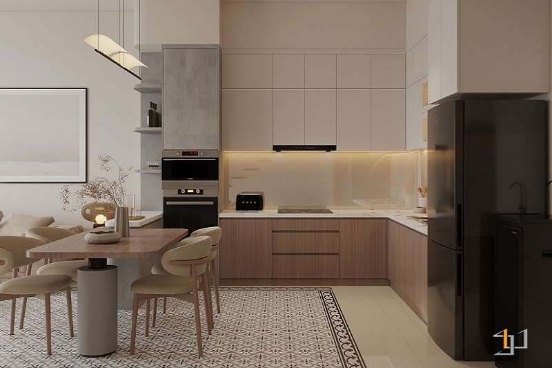 Tủ bếp Melamine TB120 tông nâu gỗ - trắng kem, chữ L kết hợp tủ kịch trần tối ưu góc chết