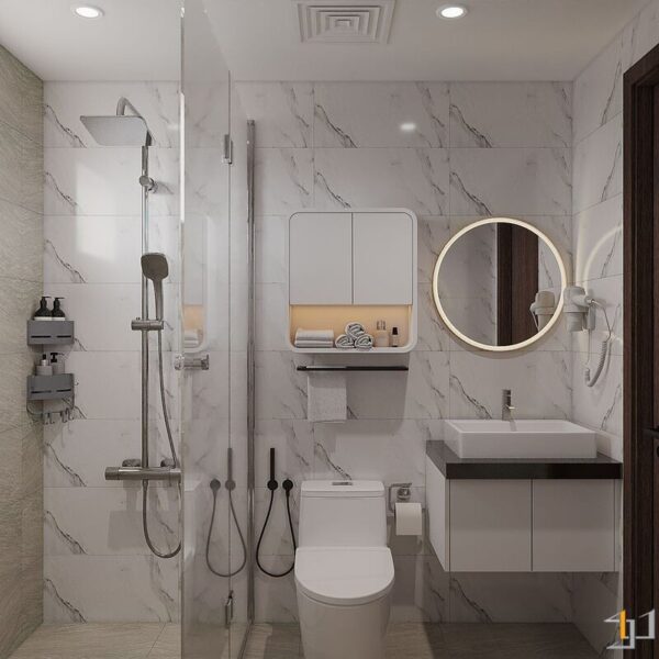 Phòng tắm lát gạch vân đá cẩm thạch trắng, phân chia khu vực tắm đứng bằng vách kính