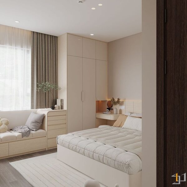 thiết kế tích hợp và màu sắc trung tính tạo cảm giác phòng rộng rãi, ấm áp