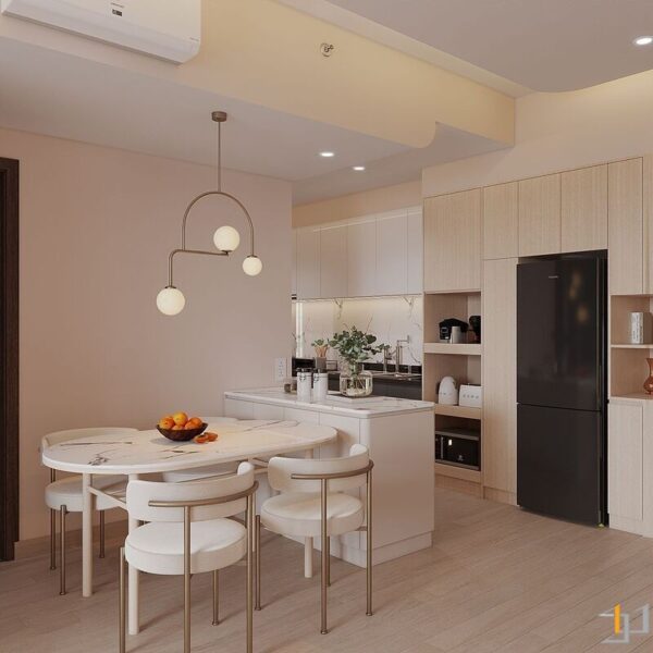 Bếp hình chữ I kết hợp tủ lạnh đen mờ và hệ tủ gỗ/trắng kem