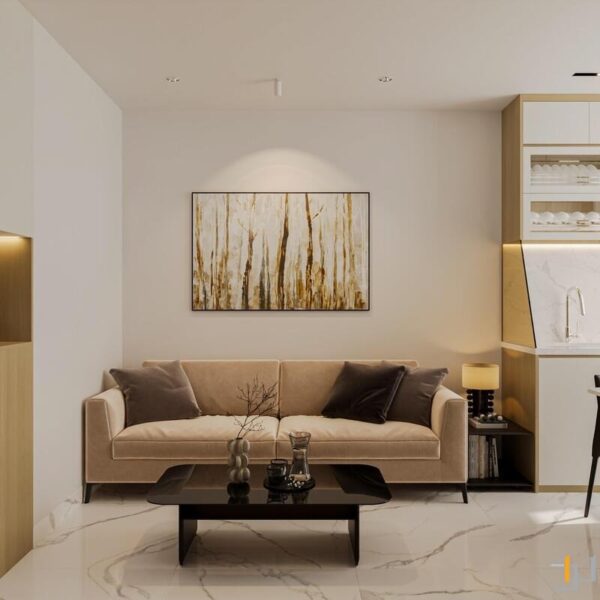 Khu vực phòng khách với sofa màu be, bàn trà đen bóng và một bức tranh trừu tượng lớn treo phía trên sofa